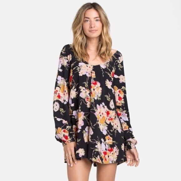 Billabong Size Large Black Secret Moons Long Sleeve Floral Boho Romper - Picture 1 of 12